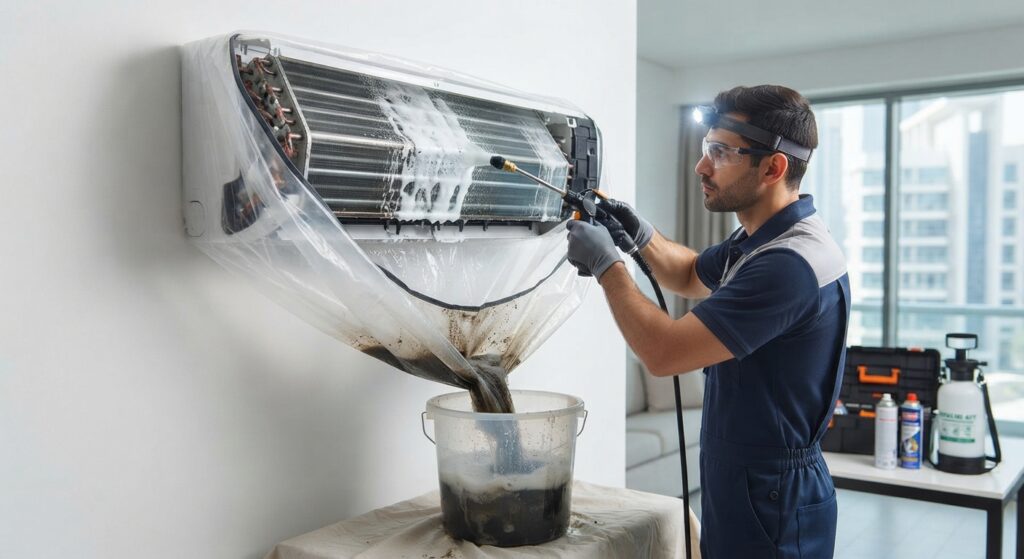 Professional technician performing an indoor split AC deep coil cleaning service in Dubai with a waterproof collection bag and pressure sprayer — Alt Text: AC deep coil cleaning service Dubai