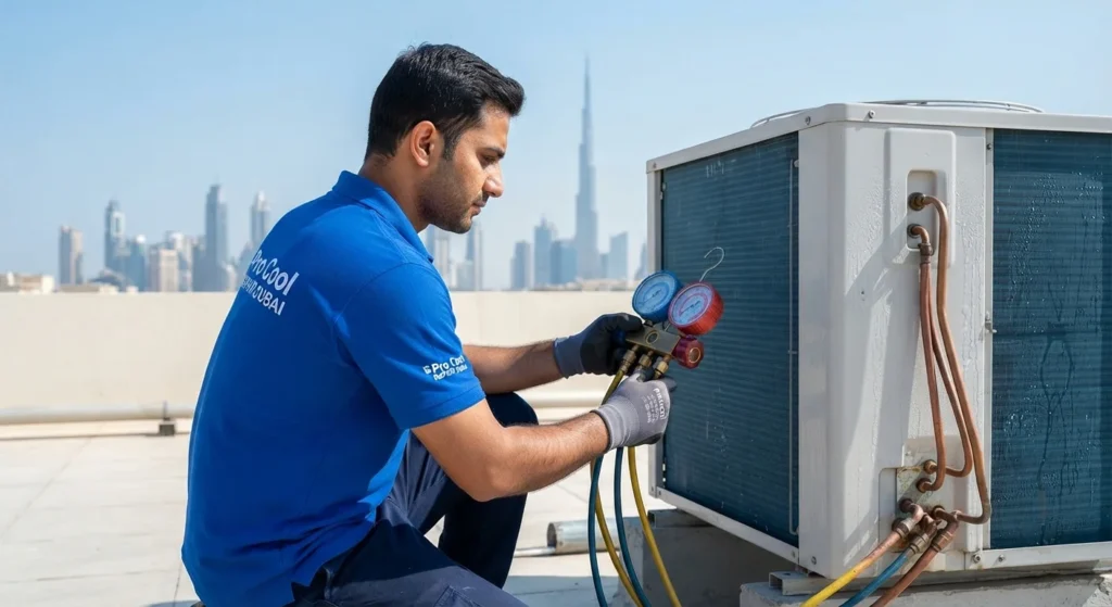 A professional commercial photograph taken on a sunny Dubai rooftop, featuring a focused technician in a blue branded 'Pro Cool Repair Dubai' uniform and work gloves. He is kneeling beside a large outdoor AC condenser unit, holding a manifold gauge set with hoses connected to the service ports. The gauges are clearly visible, showing pressure readings. In the background, the distinct Dubai skyline, including the Burj Khalifa, is visible under a clear blue sky, providing strong location context. The AC unit shows copper piping and slight condensation. The lighting is bright daylight, and the composition is sharp and professional, highlighting the technical work.