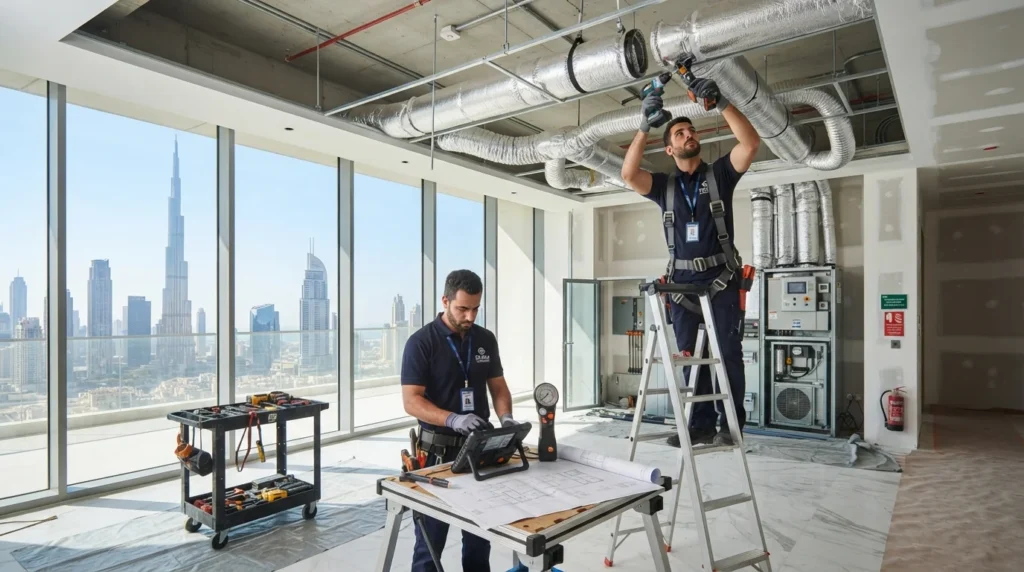Two expert HVAC engineers in branded uniforms installing central climate control ductwork on the ceiling of a modern Dubai villa under construction, featuring a blueprint, a diagnostic tool cart, and a sunny skyline view in the background.