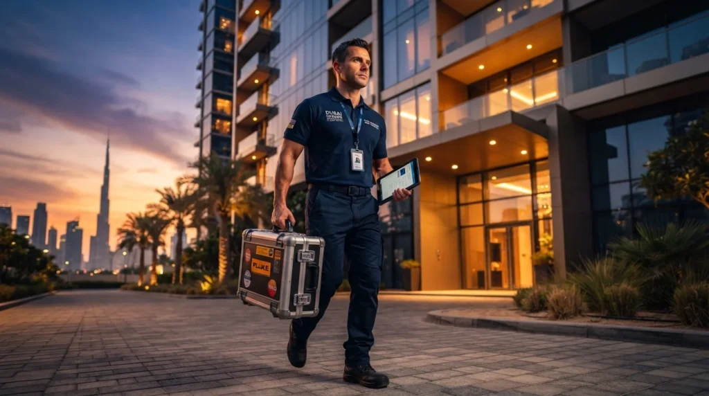 A rapid-response AC repair technician in a dark blue uniform walking purposefully with a high-end metal toolkit case and a digital tablet toward a modern residential building at sunset in Dubai.