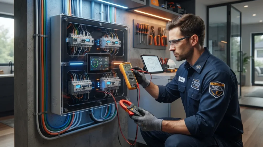 A certified electrician wearing safety glasses and protective gloves, inspecting a modern digital circuit breaker distribution panel with organized colorful wiring, using precision diagnostic multimeters and testing tools in a high-tech residential setting.