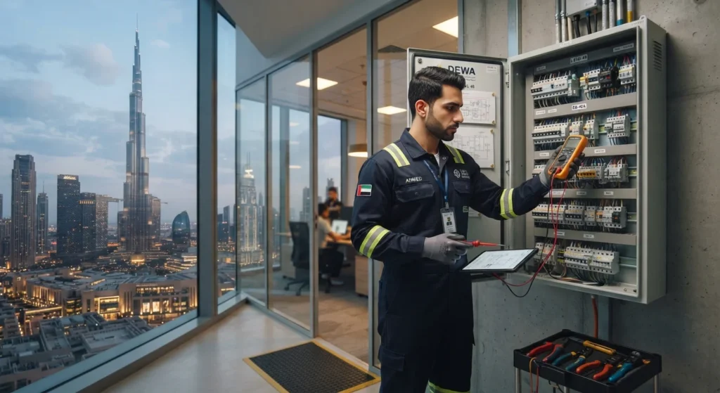 A licensed electrician in a professional uniform inspecting a modern electrical distribution board inside a high-rise Dubai office, holding a digital tablet and multimeter, with the Burj Khalifa and skyline visible through a large glass window.
