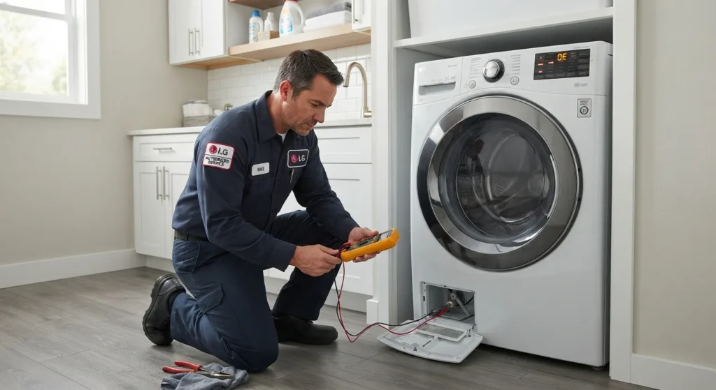 Professional technician inspecting an LG washing machine displaying an OE error code in a modern Dubai laundry room