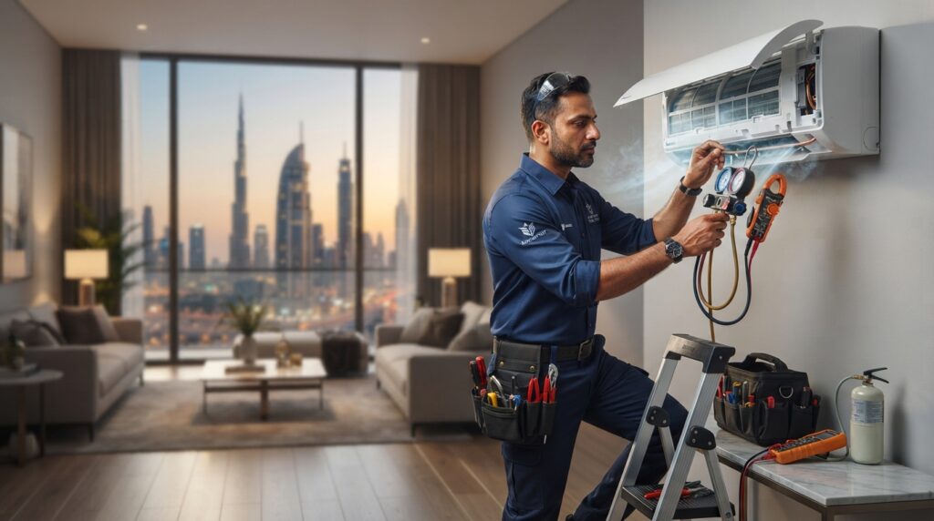 Professional HVAC technician in a clean uniform inspecting a split air-conditioning unit with diagnostic gauges inside a modern Dubai apartment, with the Dubai skyline visible through a large window.